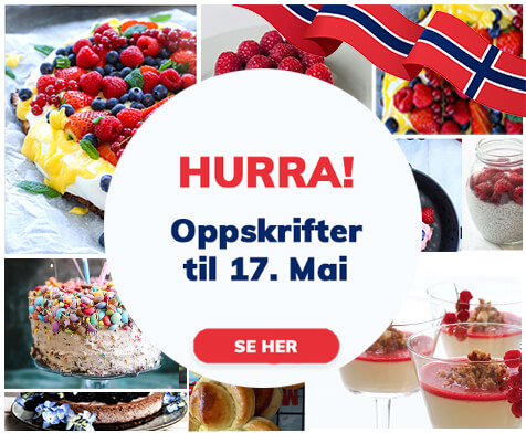 Sunkost sunne oppskrifter på kaker til 17.Mai, "Moodboard" med bilder av kaker og norsk flagg