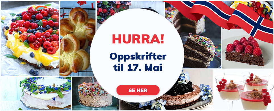 Sunkost sunne oppskrifter på kaker til 17.Mai, "Moodboard" med bilder av kaker og norsk flagg