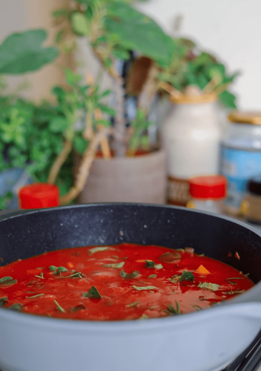 En hvit skål med dyp rød tomatsuppe med basilikum på et bord med planter i bakgrunnen.